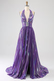 Glitter Purple A-Line Pleated Metallic Long Ball Dress with Slit