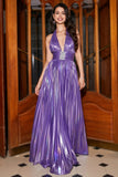 Glitter Purple A-Line V Neck Pleated Metallic Long Ball Dress with Slit