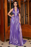 Glitter Purple A-Line V Neck Pleated Metallic Long Ball Dress with Slit