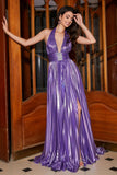 Glitter Purple A-Line V Neck Pleated Metallic Long Ball Dress with Slit