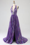 Glitter Purple A-Line Pleated Metallic Long Ball Dress with Slit