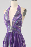 Glitter Purple A-Line Pleated Metallic Long Ball Dress with Slit