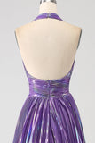 Glitter Purple A-Line Pleated Metallic Long Ball Dress with Slit