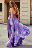 Stunning A Line Halter Neck Purple Long Ball Dress with Keyhole Split Front