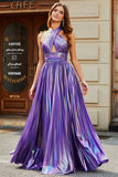 Stunning A Line Halter Neck Purple Long Ball Dress with Keyhole Split Front