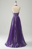 Sparkly Purple Halter A Line Ball Dress with Pleated