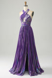 Sparkly Purple Halter A Line Ball Dress with Pleated