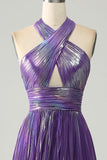 Sparkly Purple Halter A Line Ball Dress with Pleated
