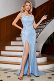 Mermaid Light Blue Spaghetti Straps Stylish Long Ball Dress with Appliques