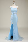 Stylish Light Blue Mermaid Long Ball Dress with Appliques