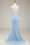 Stylish Light Blue Mermaid Long Ball Dress with Appliques