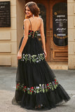 Gorgeous A Line Spaghetti Straps Black Long Ball Dress with Embroidery