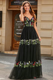 Gorgeous A Line Spaghetti Straps Black Long Ball Dress with Embroidery