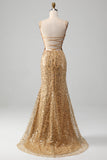 Golden Mermaid Spaghetti Straps Sequined Ball Dress With Slit
