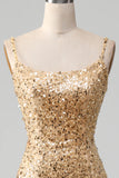 Golden Mermaid Spaghetti Straps Sequined Ball Dress With Slit