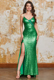 Green Sparkly Mermaid Sequins Long Ball Dress with Split Front
