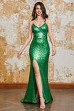 Green Sparkly Mermaid Sequins Long Ball Dress with Split Front