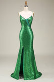 Sparkly Mermaid Green Sequins Long Ball Dress with Split Front