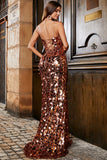 Saparkly Mermaid Spaghetti Straps Golden Sequins Long Ball Dress with Split Front