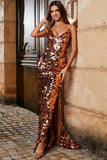 Saparkly Mermaid Spaghetti Straps Golden Sequins Long Ball Dress with Split Front