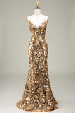 Sparkly Golden Mermaid Sequin Ball Dress With Slit
