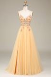 Charming A Line Spaghetti Straps Golden Long Ball Dress with Beading