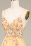 Charming A Line Spaghetti Straps Golden Long Ball Dress with Beading