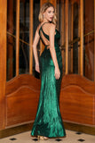 Dark Green Mermaid Spaghetti Straps Open Back Ball Dress with Slit