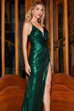 Dark Green Mermaid Spaghetti Straps Open Back Ball Dress with Slit