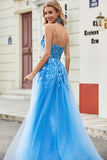 Gorgeous A Line Spaghetti Straps Blue Long Ball Dress with Appliques