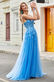 Gorgeous A Line Spaghetti Straps Blue Long Ball Dress with Appliques