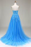 A-Line Spaghetti Straps Blue Tulle Ball Dress With Appliques