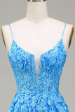 A-Line Spaghetti Straps Blue Tulle Ball Dress With Appliques