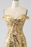 Sparkly Golden Mermaid Off The Shoulder Corset Ball Dress with Slit