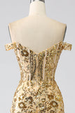Sparkly Golden Mermaid Off The Shoulder Corset Ball Dress with Slit
