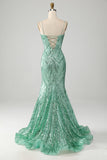 Sparkly Green Sequins Lace-Up Back Long Mermaid Ball Dress with Slit