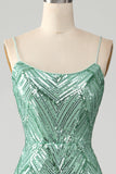 Sparkly Green Sequins Lace-Up Back Long Mermaid Ball Dress with Slit