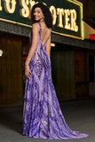 Sparkly Mermaid V Neck Dark Purple Sequins Long Ball Dress with Open Back