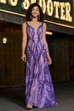 Sparkly Mermaid V Neck Dark Purple Sequins Long Ball Dress with Open Back