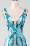 Glitter Blue  Mermaid V-NeckBall Dress with Sequins