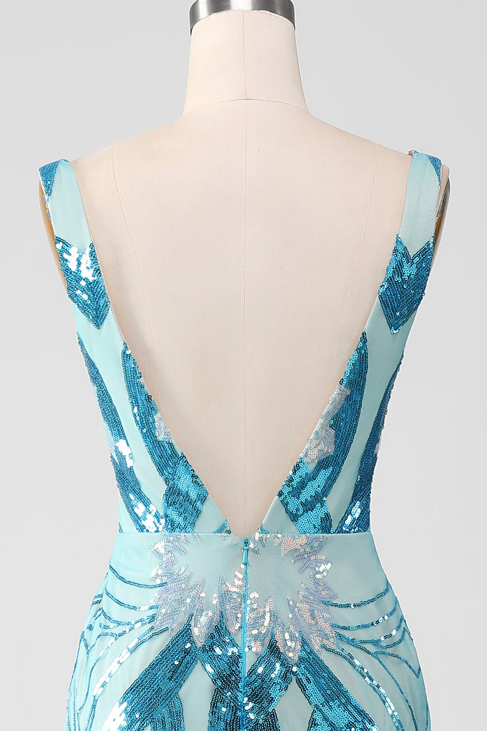 Glitter Blue  Mermaid V-NeckBall Dress with Sequins