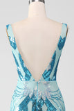 Glitter Blue  Mermaid V-NeckBall Dress with Sequins