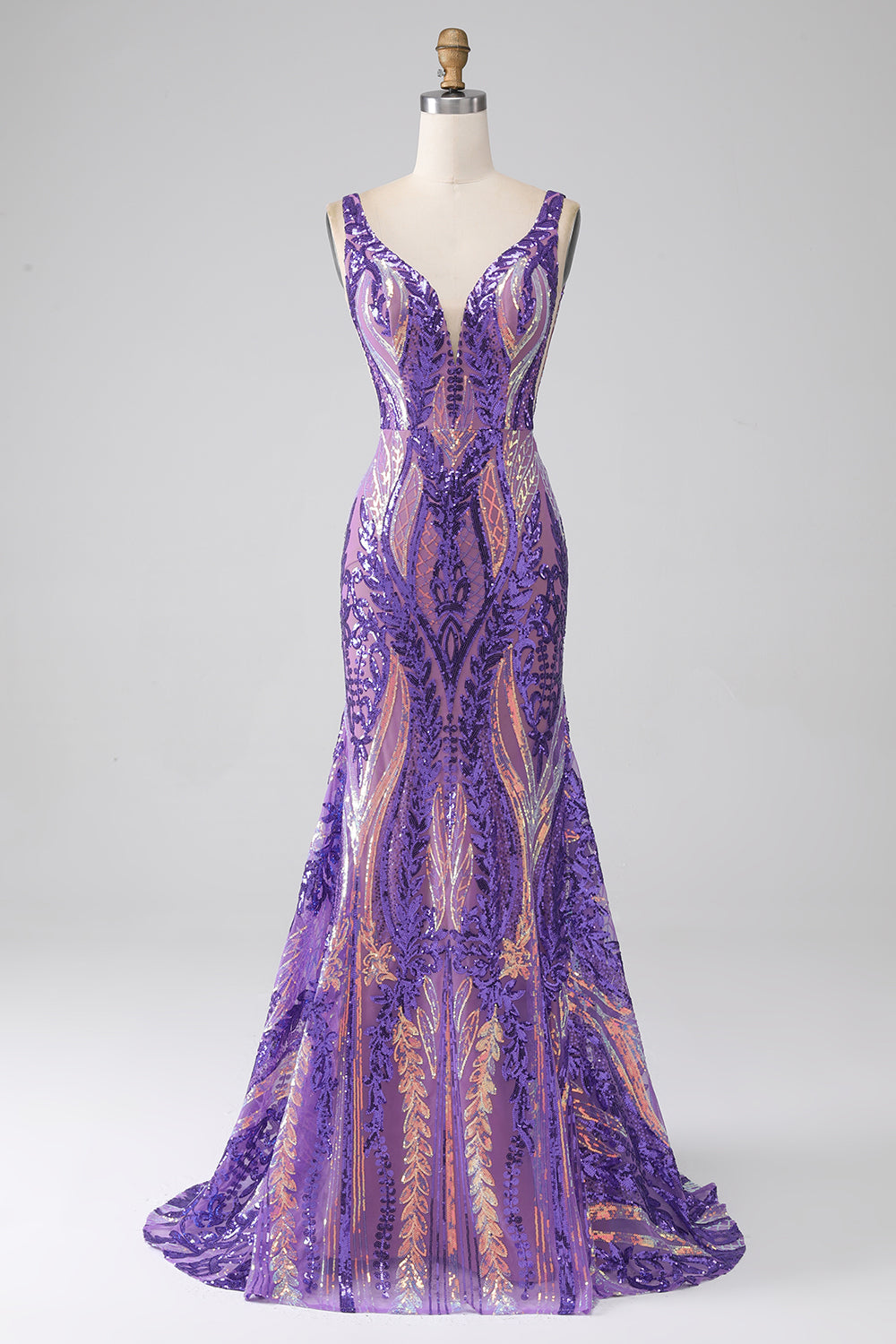 Dark Purple Mermaid V Neck Sequins Long Ball Dress