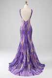 Dark Purple Mermaid V Neck Sequins Long Ball Dress