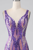 Dark Purple Mermaid V Neck Sequins Long Ball Dress