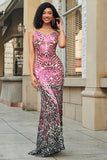 Stunning Mermaid Spaghetti Straps Fuchsia Sequins Long Ball Dress with Backless