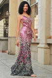Stunning Mermaid Spaghetti Straps Fuchsia Sequins Long Ball Dress with Backless