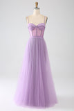 A-Line Lilac Spaghetti Straps Long Corset Ball Dress
