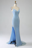 Glitter Blue Mermaid Spaghetti Straps Long Ball Dress with Slit