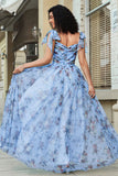 Blue A-Line Printed Adjustable Straps Long Ball Dress